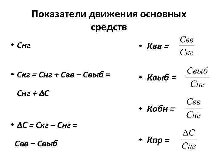 Показатели движения основных средств • Снг • Квв = • Скг = Снг +