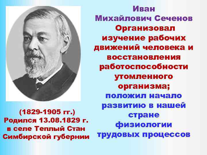 Иван Михайлович Сеченов Организовал изучение рабочих движений человека и восстановления работоспособности утомленного организма; положил