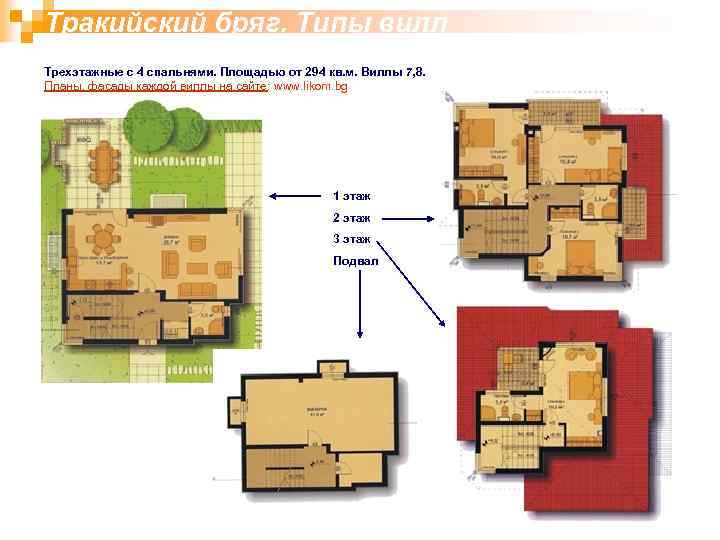 Тракийский бряг. Типы вилл Трехэтажные с 4 спальнями. Площадью от 294 кв. м. Виллы