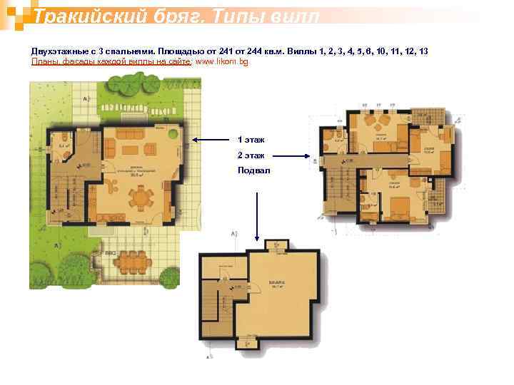 Тракийский бряг. Типы вилл Двухэтажные с 3 спальнями. Площадью от 241 от 244 кв.
