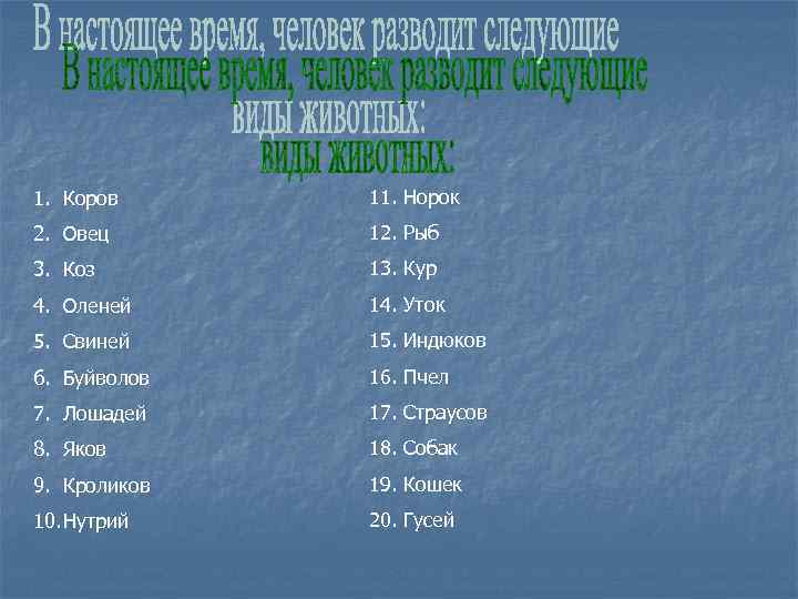 1. Коров 11. Норок 2. Овец 12. Рыб 3. Коз 13. Кур 4. Оленей