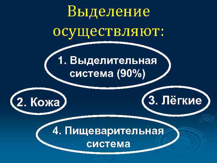 Выделение осуществляют: 1. Выделительная система (90%) 2. Кожа 3. Лёгкие 4. Пищеварительная система 