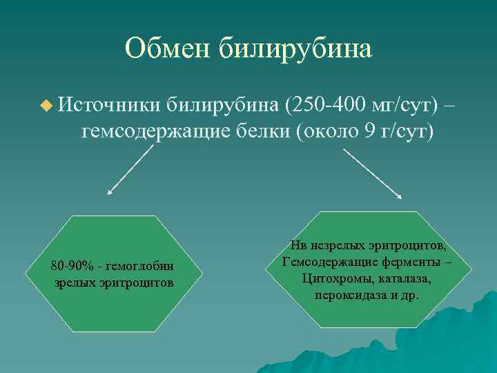 Обмен билирубина u Источники билирубина (250 -400 мг/сут) – гемсодержащие белки (около 9 г/сут)