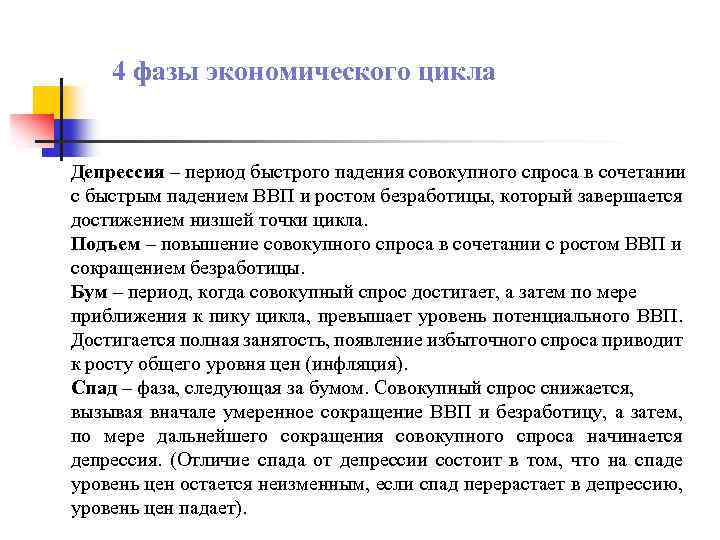 4 фазы экономического цикла Депрессия – период быстрого падения совокупного спроса в сочетании с