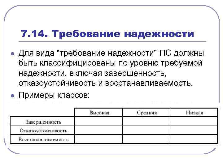 7. 14. Требование надежности l l Для вида 