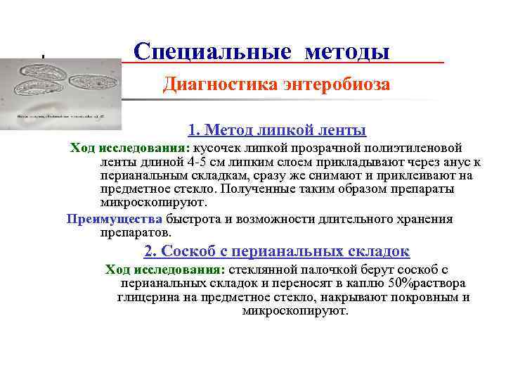 Специальные методы Диагностика энтеробиоза 1. Метод липкой ленты Ход исследования: кусочек липкой прозрачной полиэтиленовой