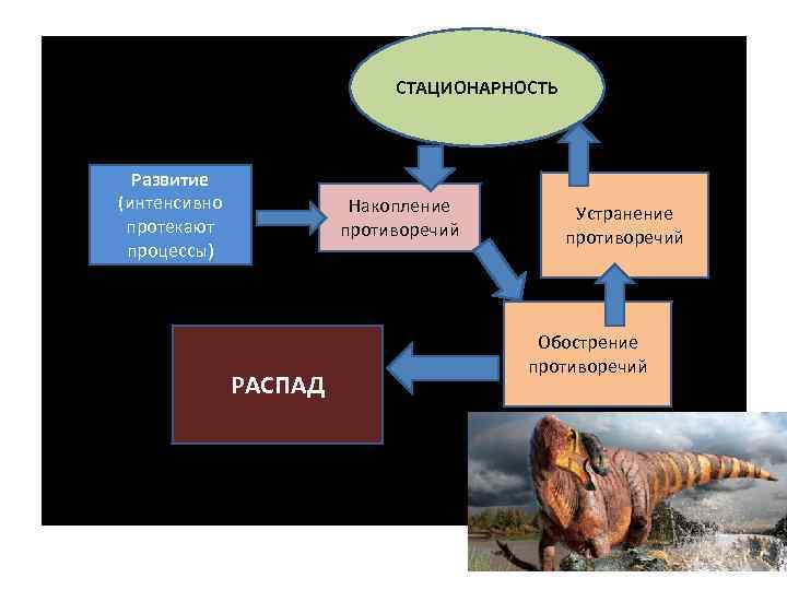 СТАЦИОНАРНОСТЬ Развитие (интенсивно протекают процессы) Накопление противоречий РАСПАД Устранение противоречий Обострение противоречий 