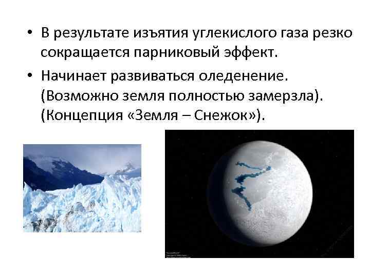 • В результате изъятия углекислого газа резко сокращается парниковый эффект. • Начинает развиваться