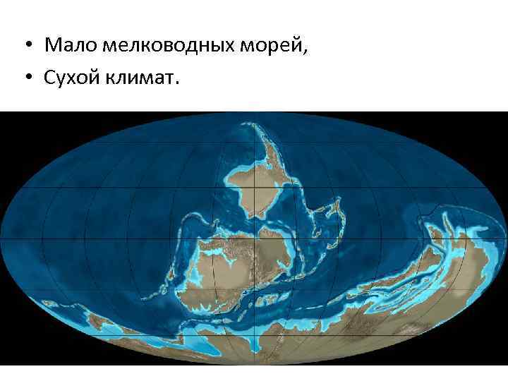  • Мало мелководных морей, • Сухой климат. 