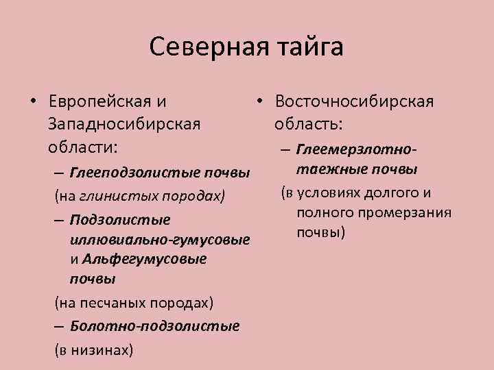 Северная тайга • Европейская и Западносибирская области: – Глееподзолистые почвы (на глинистых породах) –