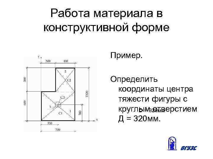 Работа материала в конструктивной форме Пример. Определить координаты центра тяжести фигуры с круглым 320