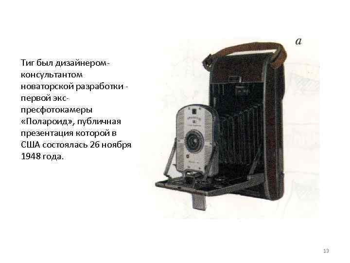 Тиг был дизайнером консультантом новаторской разработки первой экс пресфотокамеры «Полароид» , публичная презентация которой
