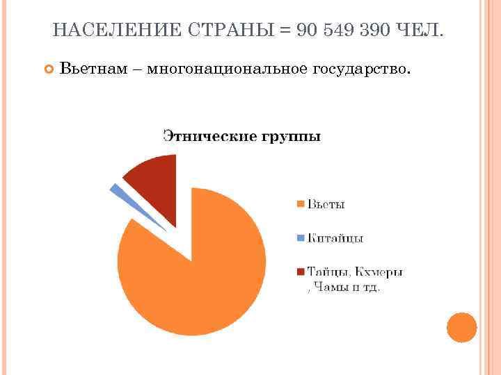 НАСЕЛЕНИЕ СТРАНЫ = 90 549 390 ЧЕЛ. Вьетнам – многонациональное государство. 