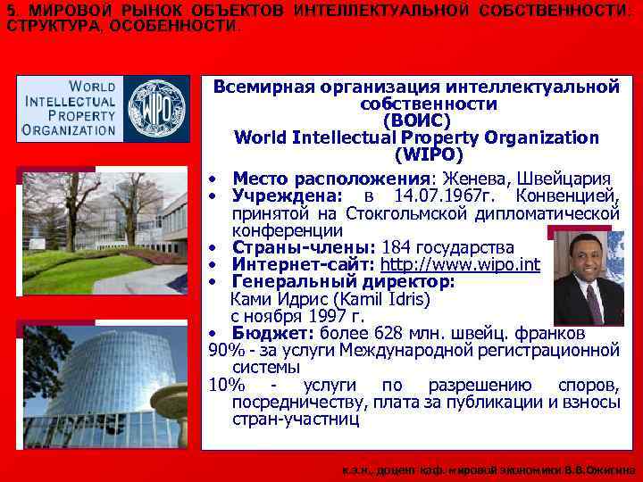 5. МИРОВОЙ РЫНОК ОБЪЕКТОВ ИНТЕЛЛЕКТУАЛЬНОЙ СОБСТВЕННОСТИ: СТРУКТУРА, ОСОБЕННОСТИ. Всемирная организация интеллектуальной собственности (ВОИС) World