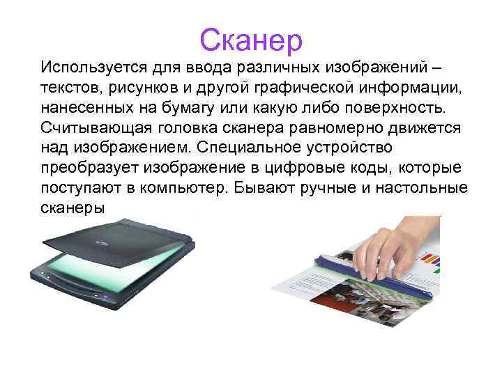 Сканер Используется для ввода различных изображений – текстов, рисунков и другой графической информации, нанесенных