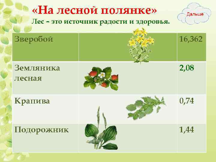  «На лесной полянке» Лес – это источник радости и здоровья. Зверобой 16, 362