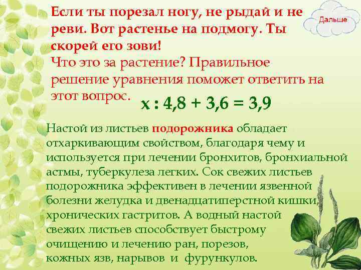 Если ты порезал ногу, не рыдай и не реви. Вот растенье на подмогу. Ты