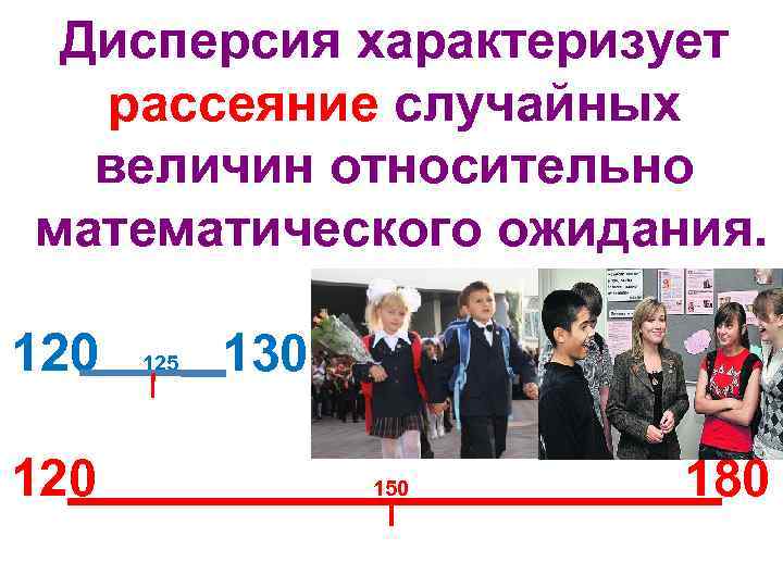 Дисперсия характеризует рассеяние случайных величин относительно математического ожидания. 120 125 130 150 180 
