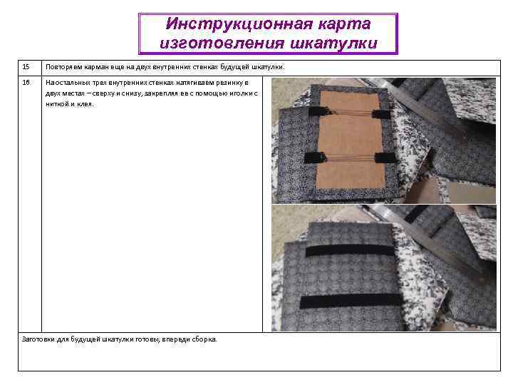 Инструкционная карта изготовления шкатулки 15 Повторяем карман еще на двух внутренних стенках будущей шкатулки.