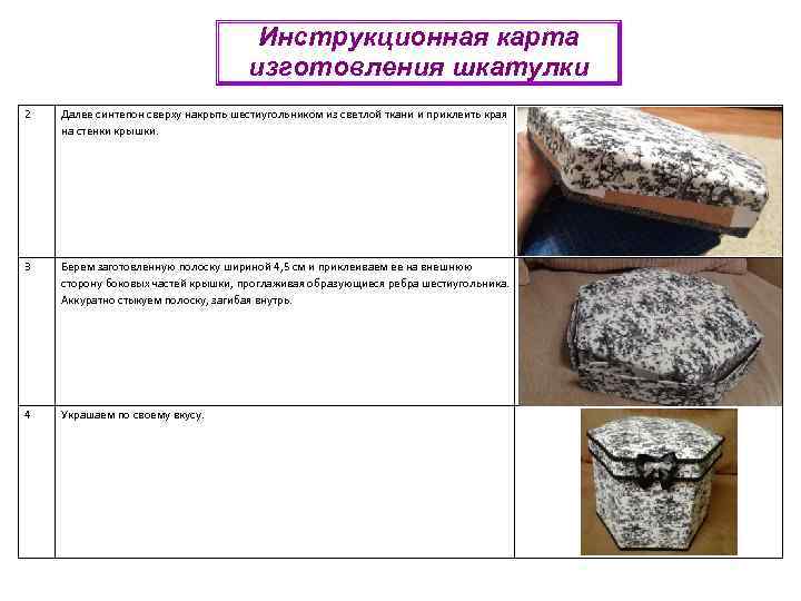 Инструкционная карта изготовления шкатулки 2 Далее синтепон сверху накрыть шестиугольником из светлой ткани и