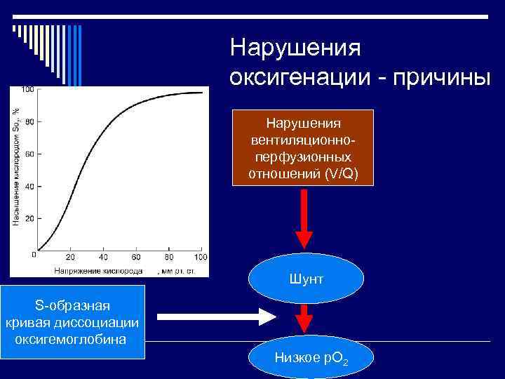 Нарушения оксигенации - причины Нарушения вентиляционноперфузионных отношений (V/Q) Шунт S-образная кривая диссоциации оксигемоглобина Низкое