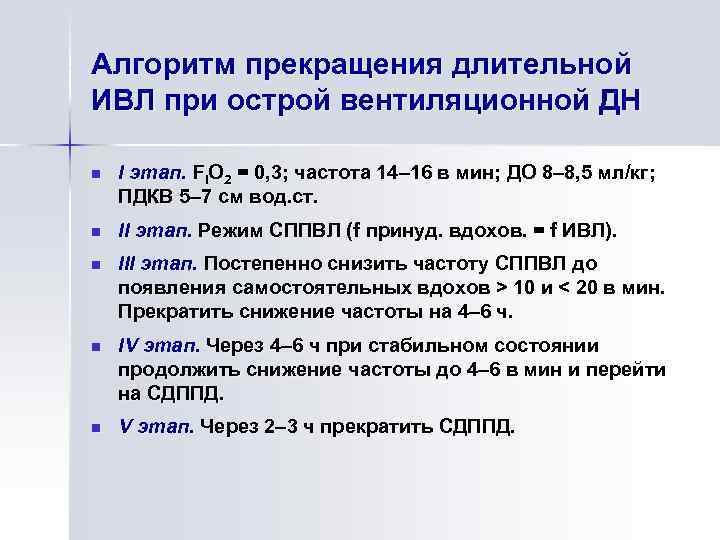 Алгоритм прекращения длительной ИВЛ при острой вентиляционной ДН n I этап. FIO 2 =