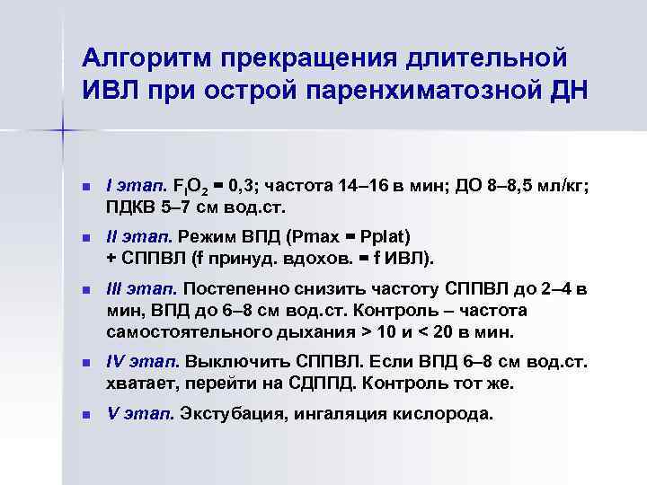 Алгоритм прекращения длительной ИВЛ при острой паренхиматозной ДН n I этап. FIO 2 =