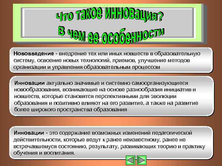 Нововведение - внедрение тех или иных новшеств в образовательную систему, освоение новых технологий, приемов,
