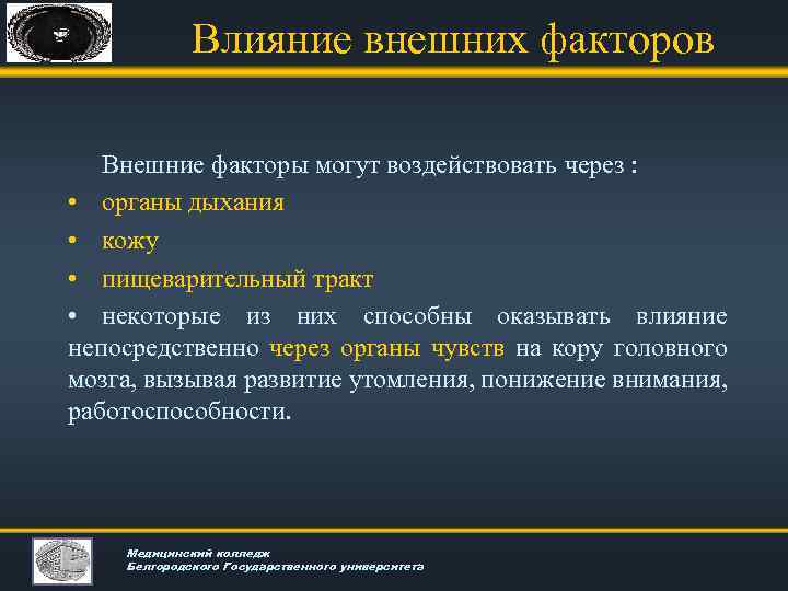 Влияние внешних факторов Внешние факторы могут воздействовать через : • органы дыхания • кожу