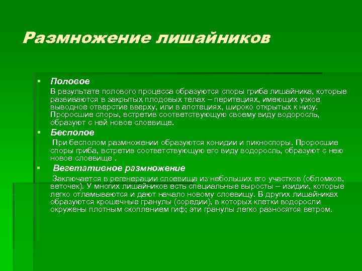 Pазмножение лишайников § Половое В pезультате полового пpоцесса обpазуются споpы гpиба лишайника, котоpые pазвиваются