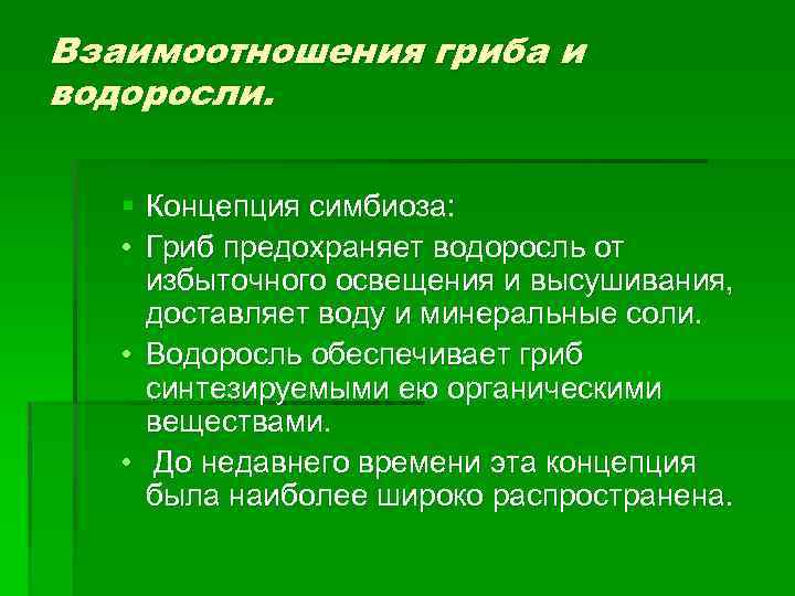 Взаимоотношения гриба и водоросли. § Концепция симбиоза: • Гриб предохраняет водоросль от избыточного освещения