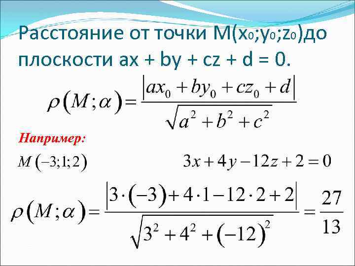 Расстояние от точки М(x 0; y 0; z 0)до плоскости ax + by +