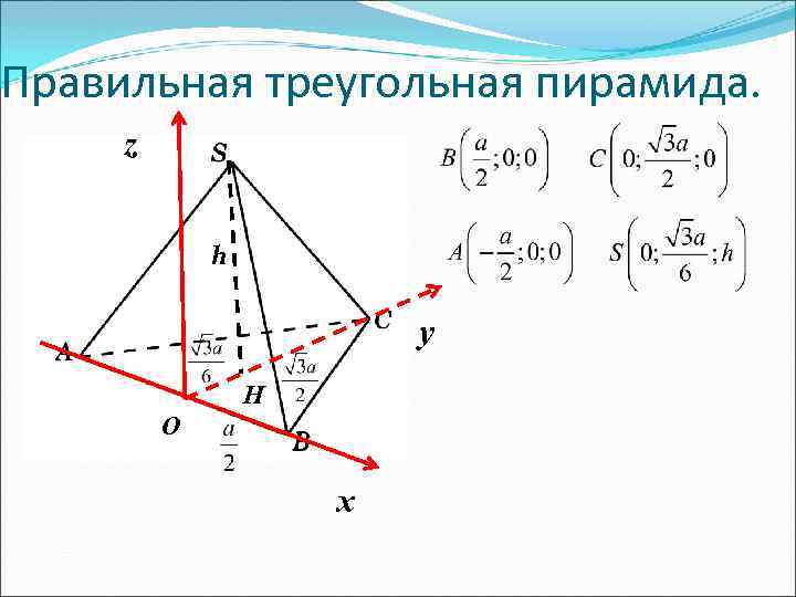 Правильная треугольная пирамида. z h y H O х 