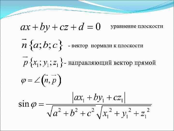 уравнение плоскости - вектор нормали к плоскости - направляющий вектор прямой 