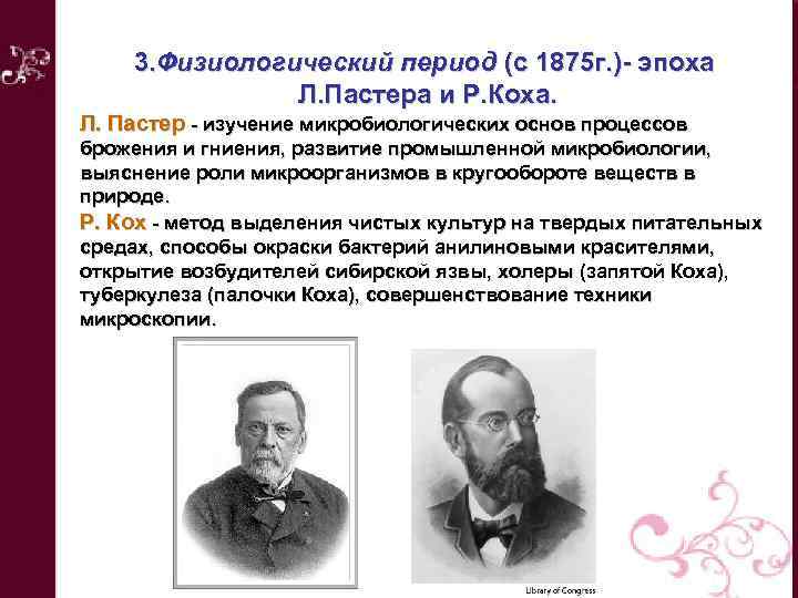3. Физиологический период (с 1875 г. )- эпоха Л. Пастера и Р. Коха. Л.