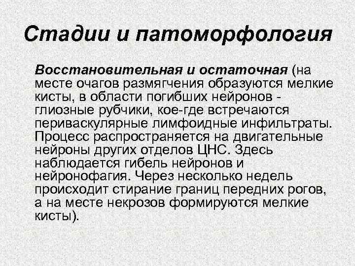 Стадии и патоморфология Восстановительная и остаточная (на месте очагов размягчения образуются мелкие кисты, в