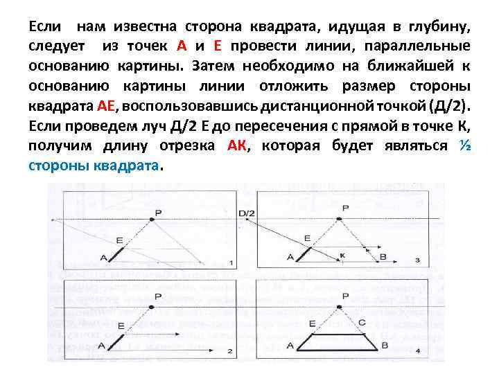 Если нам известна сторона квадрата, идущая в глубину, следует из точек А и Е
