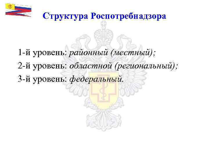 Структура Роспотребнадзора 1 -й уровень: районный (местный); 2 -й уровень: областной (региональный); 3 -й