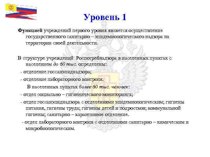 Уровень 1 Функцией учреждений первого уровня является осуществление государственного санитарно – эпидемиологического надзора на