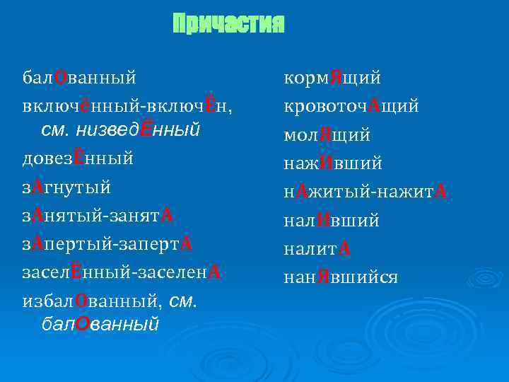 Причастия бал. Ованный включённый-включЁн, см. низведЁнный довезЁнный з. Агнутый з. Анятый-занят. А з. Апертый-заперт.