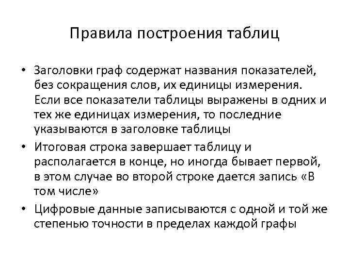 Правила построения таблиц • Заголовки граф содержат названия показателей, без сокращения слов, их единицы