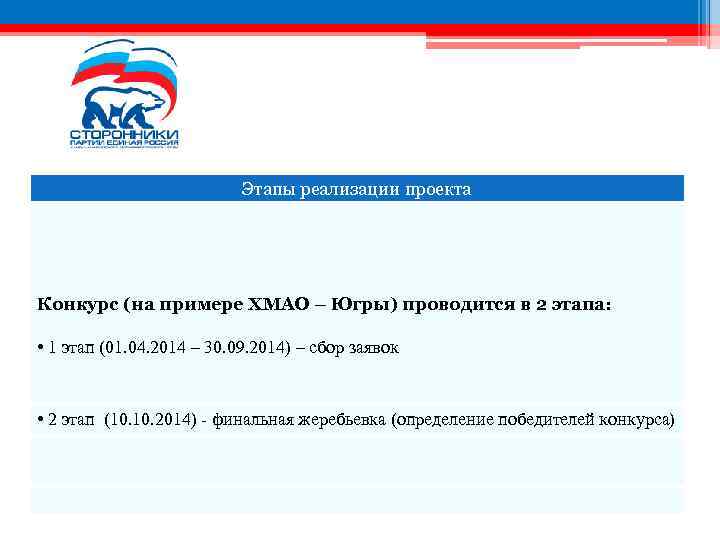 Этапы реализации проекта Конкурс (на примере ХМАО – Югры) проводится в 2 этапа: •