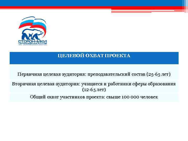ЦЕЛЕВОЙ ОХВАТ ПРОЕКТА Первичная целевая аудитория: преподавательский состав (25 -65 лет) Вторичная целевая аудитория:
