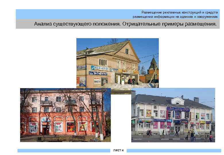 Размещение рекламных конструкций и средств размещения информации на зданиях и сооружениях Анализ существующего положения.