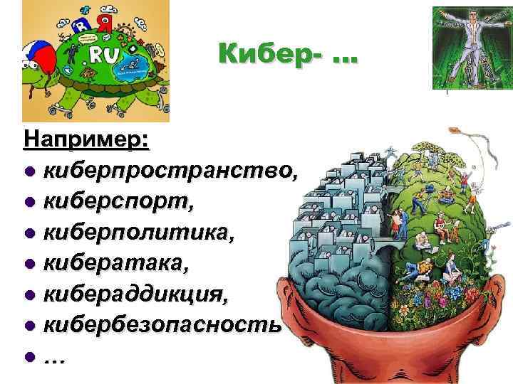 Кибер- … Например: l киберпространство, l киберспорт, l киберполитика, l кибератака, l кибераддикция, l