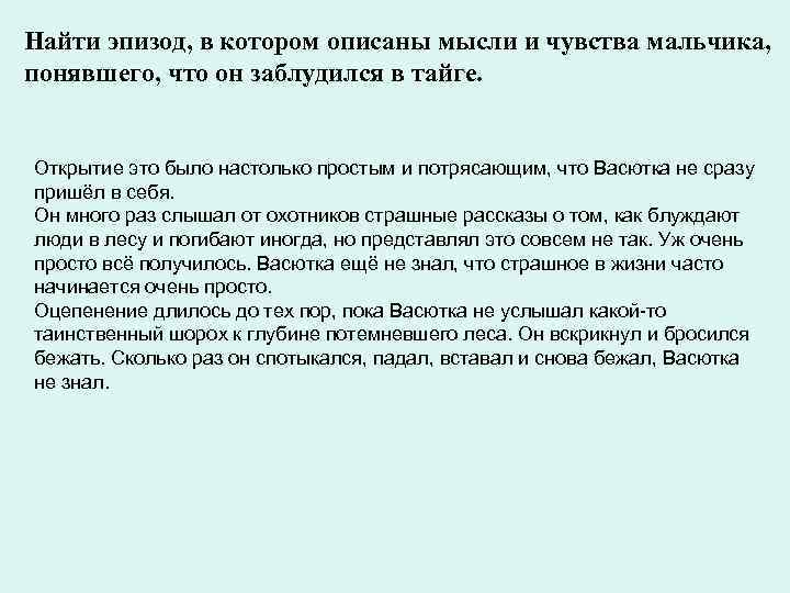 Найти эпизод, в котором описаны мысли и чувства мальчика, понявшего, что он заблудился в