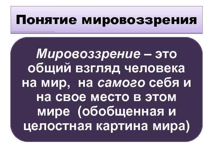 Понятие мировоззрения Мировоззрение – это общий взгляд человека на мир, на самого себя и