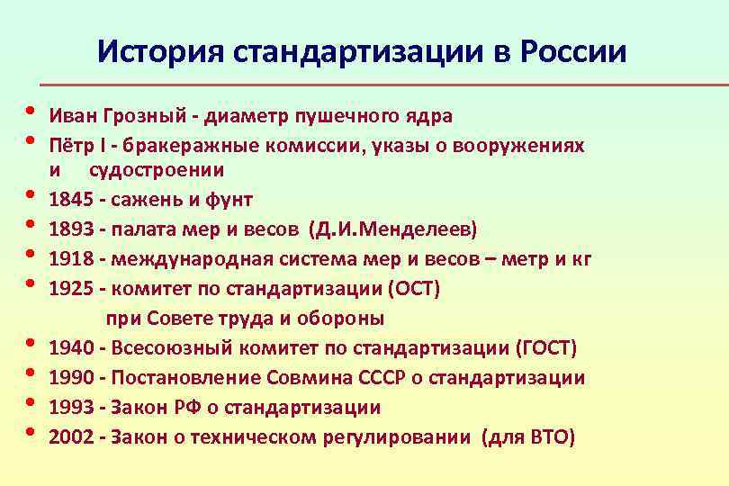 История стандартизации в России • • • Иван Грозный - диаметр пушечного ядра Пётр