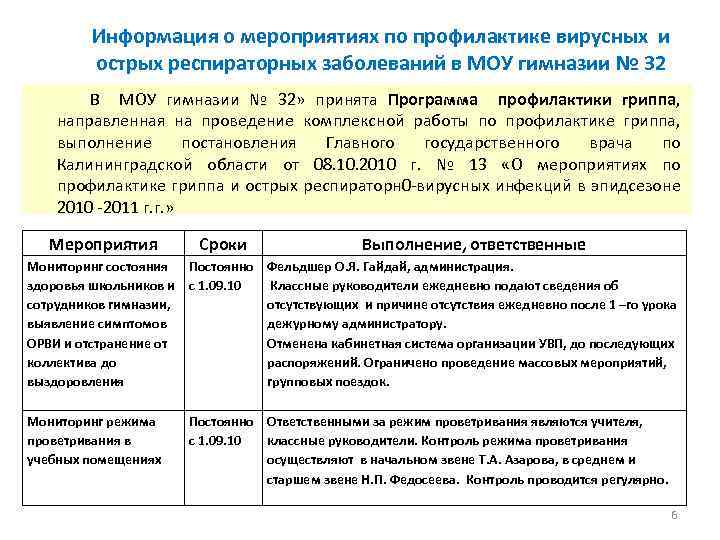 Информация о мероприятиях по профилактике вирусных и острых респираторных заболеваний в МОУ гимназии №