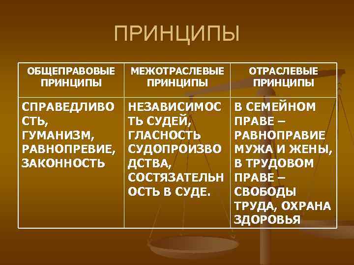ПРИНЦИПЫ ОБЩЕПРАВОВЫЕ ПРИНЦИПЫ МЕЖОТРАСЛЕВЫЕ ПРИНЦИПЫ СПРАВЕДЛИВО СТЬ, ГУМАНИЗМ, РАВНОПРЕВИЕ, ЗАКОННОСТЬ НЕЗАВИСИМОС ТЬ СУДЕЙ, ГЛАСНОСТЬ